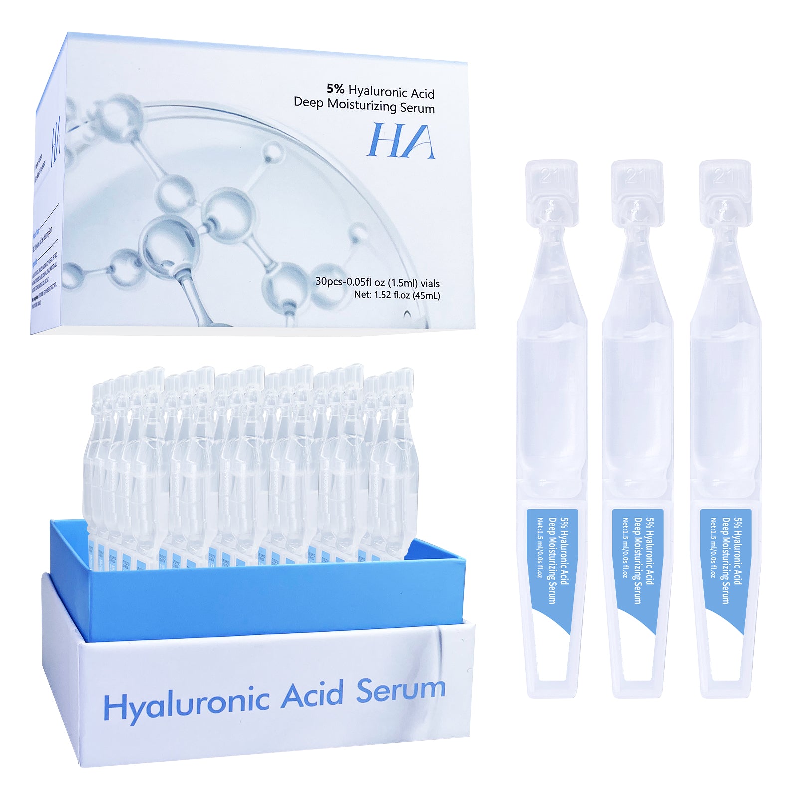 5% Hyaluronic Acid Serum Ultra Moisturizing & Elastic Skin - Wake Nature Perfection Hyaluronic Acid - Anti-Aging Serum for Face Single-Use Vials Skincare - Repair Sensitive Skin (1.5 ml)*30